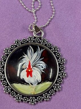 Floral Frame Rooster Pendant Necklace in White and Red new handmade